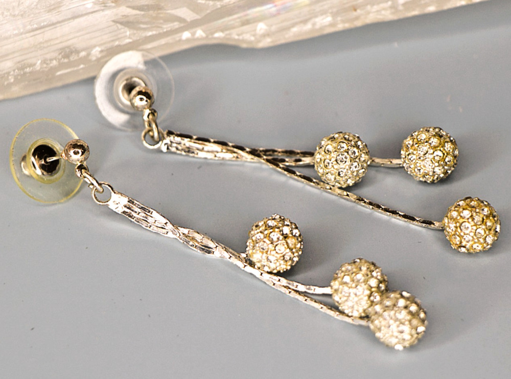 Silver Dangle Earrings Rhinestone Ball Drop Sparkly Statement Costume Jewelry
